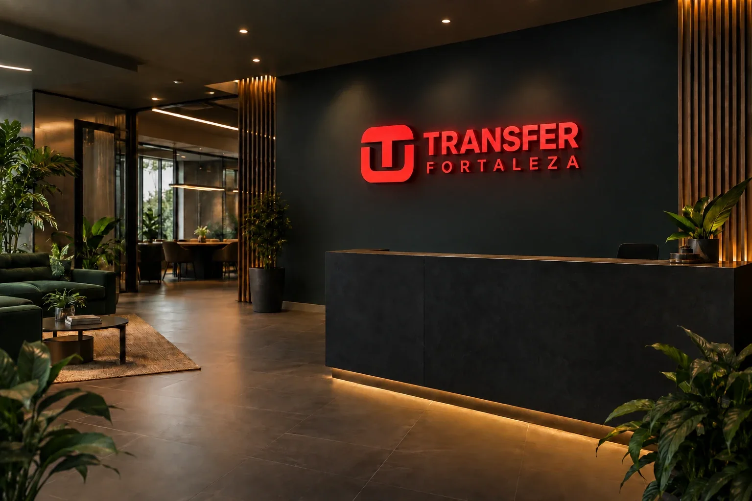Recepção da Transfer Fortaleza com letreiro iluminado