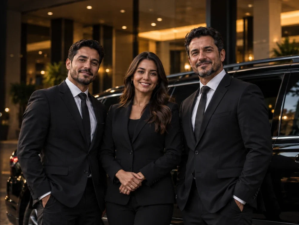 Equipe da Transfer Fortaleza de terno ao lado de um carro executivo preto