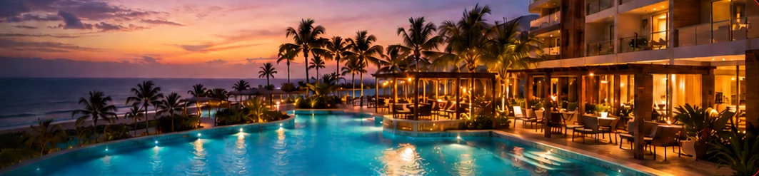 Resort com piscina à beira-mar em Aquiraz ao entardecer (imagem ilustrativa)