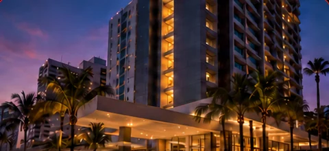 Hotel de vários andares com coqueiros em Fortaleza ao entardecer (imagem ilustrativa)