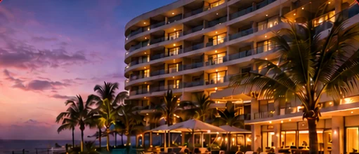 Hotel com piscina e coqueiros em Fortaleza ao entardecer (imagem ilustrativa)