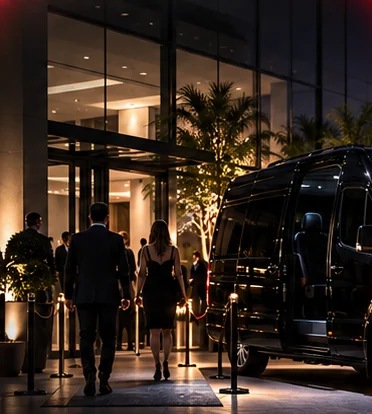 Convidados chegando a um evento noturno com van executiva