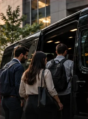 Equipe embarcando em uma van executiva